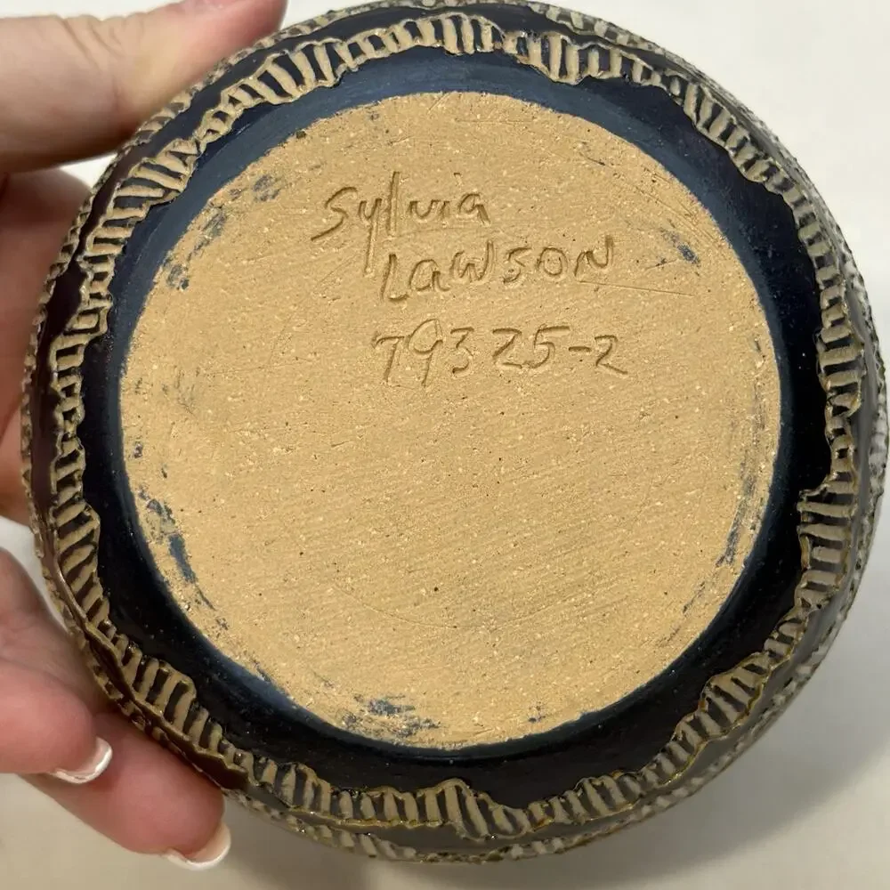 Sylvia Lawson NC Pottery Blue Sgrafitto Small Bowl Trinket Pilot Mountain 1993